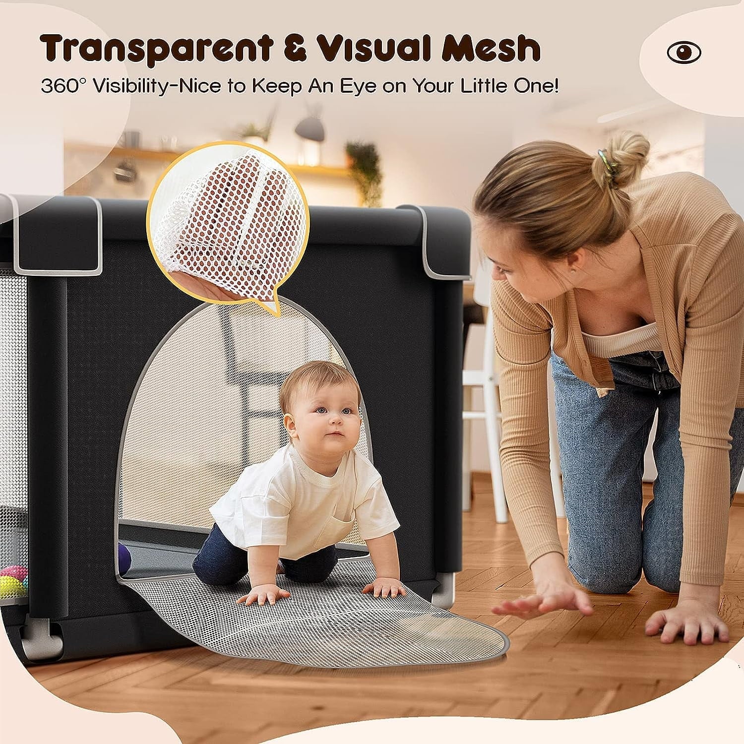 Upgraded 320D Washable Baby Playpen with Padding Mat, 6in1 Large Playpen Toddlers, Sturdy & Safe Playpen with Padded Cotton Top Rod Protecting Babies, Baby Play Yard with Zipper Gate
