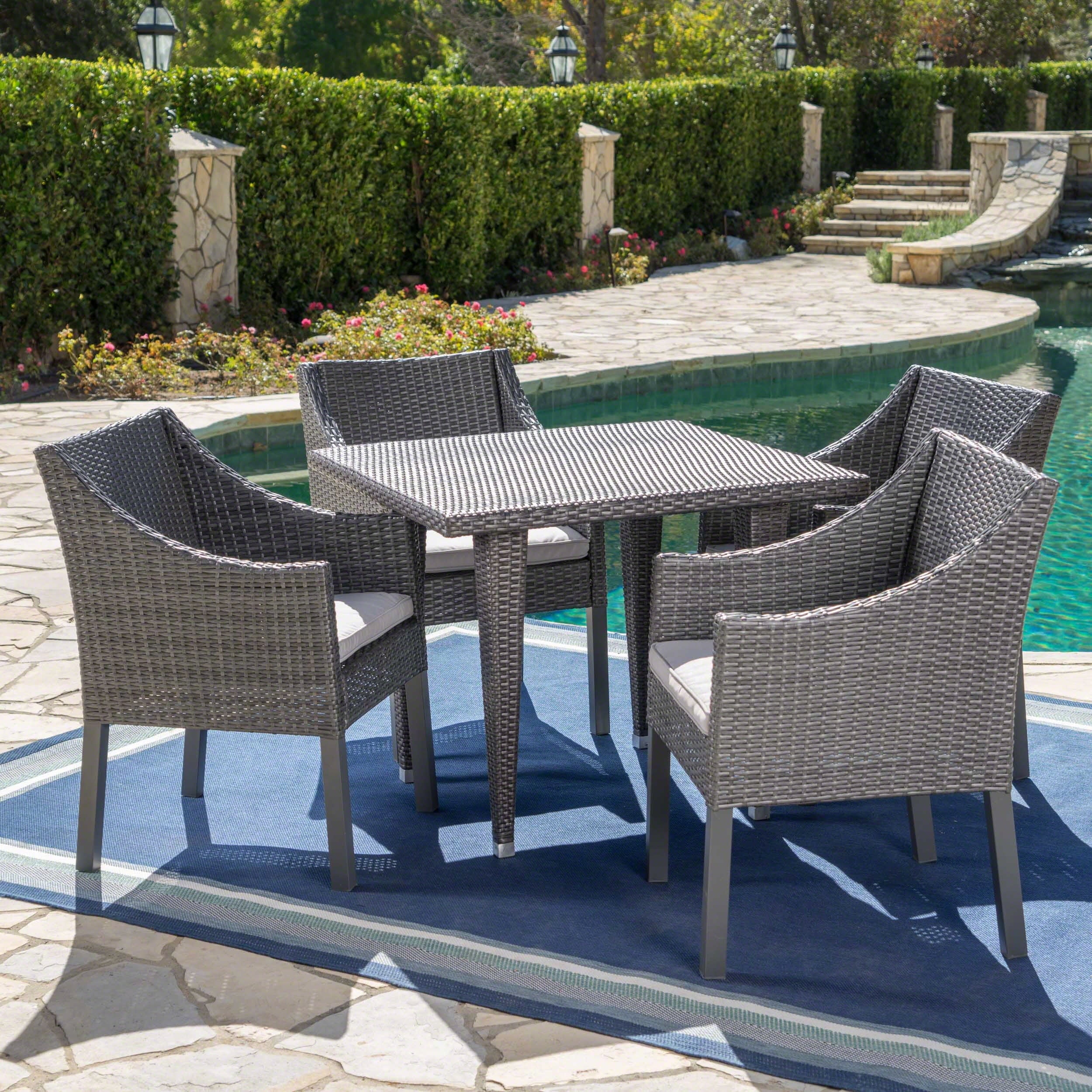 Arcadia Outdoor 5 Piece Wicker Square Dining Set with Cushions, Grey, Silver
