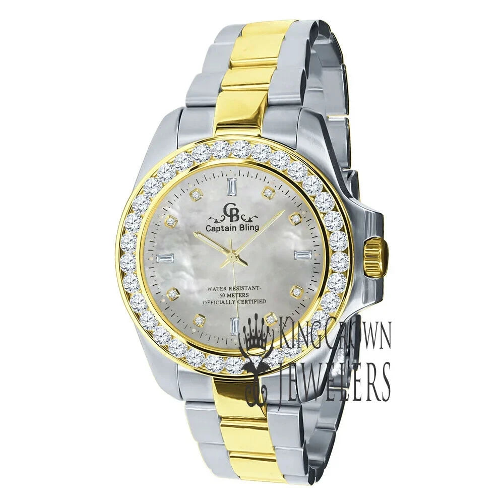 Mother Of Pearl Dial 2 Tone Solid Stainless Steel Simulated Diamonds 18K Gold Finish Mens Watch