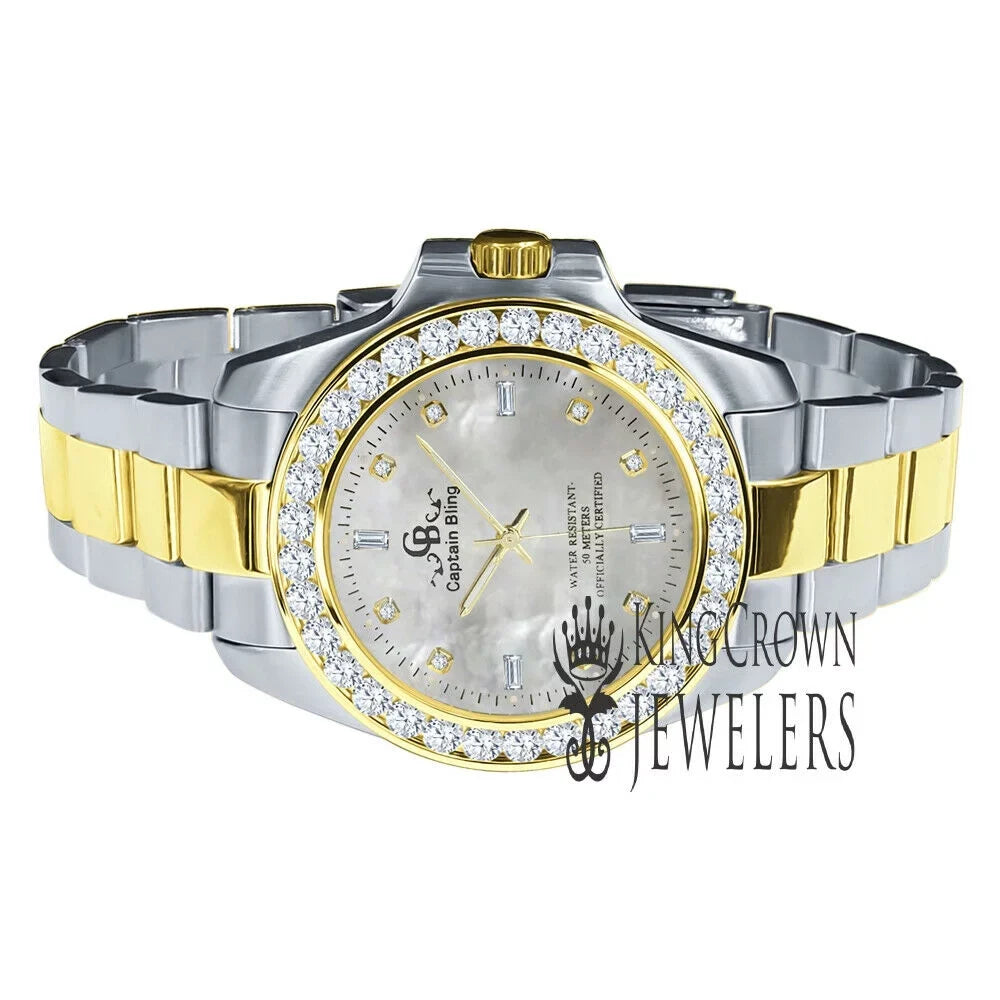 Mother Of Pearl Dial 2 Tone Solid Stainless Steel Simulated Diamonds 18K Gold Finish Mens Watch