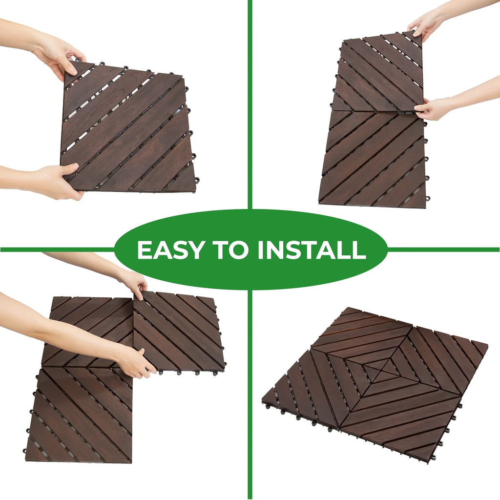Interlocking Deck Tiles 12"x12"x0.94'' Dark Brown Acacia Wood 8 slant slats Patio Decor Flooring Tiles -Acacia Wood Interlocking Floor Tile -Interlocking Wood Flooring Squares Tile