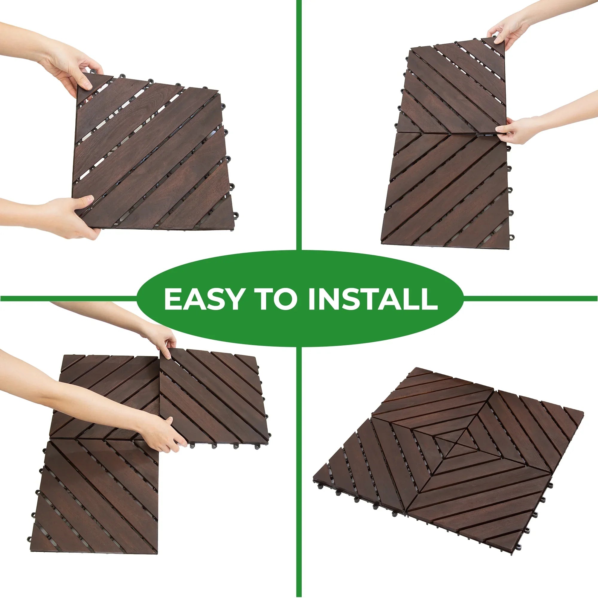 Interlocking Deck Tiles 12"x12"x0.94'' Dark Brown Acacia Wood 8 slant slats Patio Decor Flooring Tiles -Acacia Wood Interlocking Floor Tile -Interlocking Wood Flooring Squares Tile