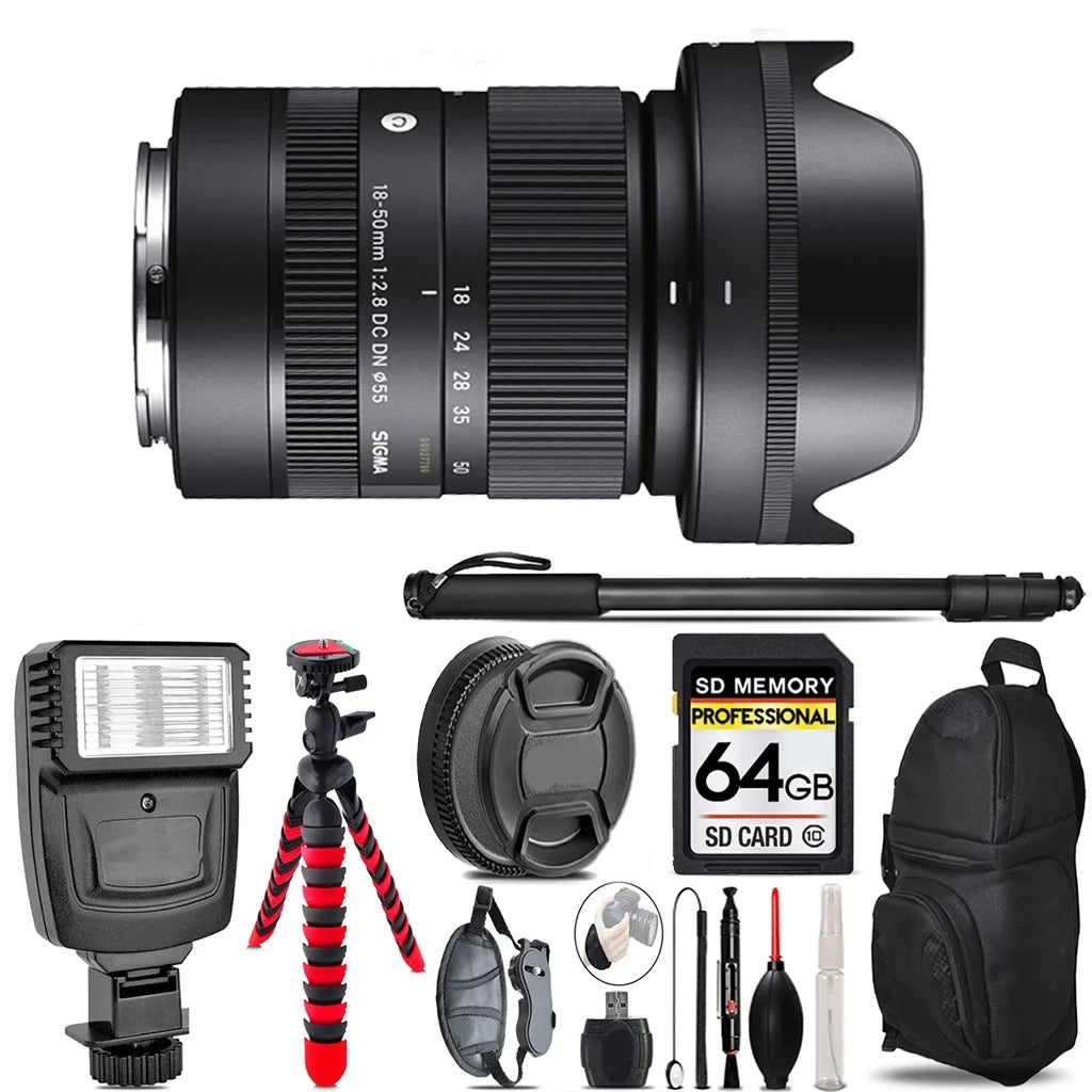 Sigma 18-50mm f/2.8 DC DN Contemporary Lens Sony E - Video Kit + Flash - 64GB Accessory Bundle