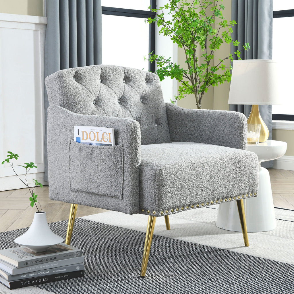 30 "W Modern Chesterfield Tufted Upholstered Chair with Deep Buttons, Living Room Chair, Comtable Armchair, Gold Hardware Legs, Tufted Chair Reading or Relaxing, GREY TEDDY