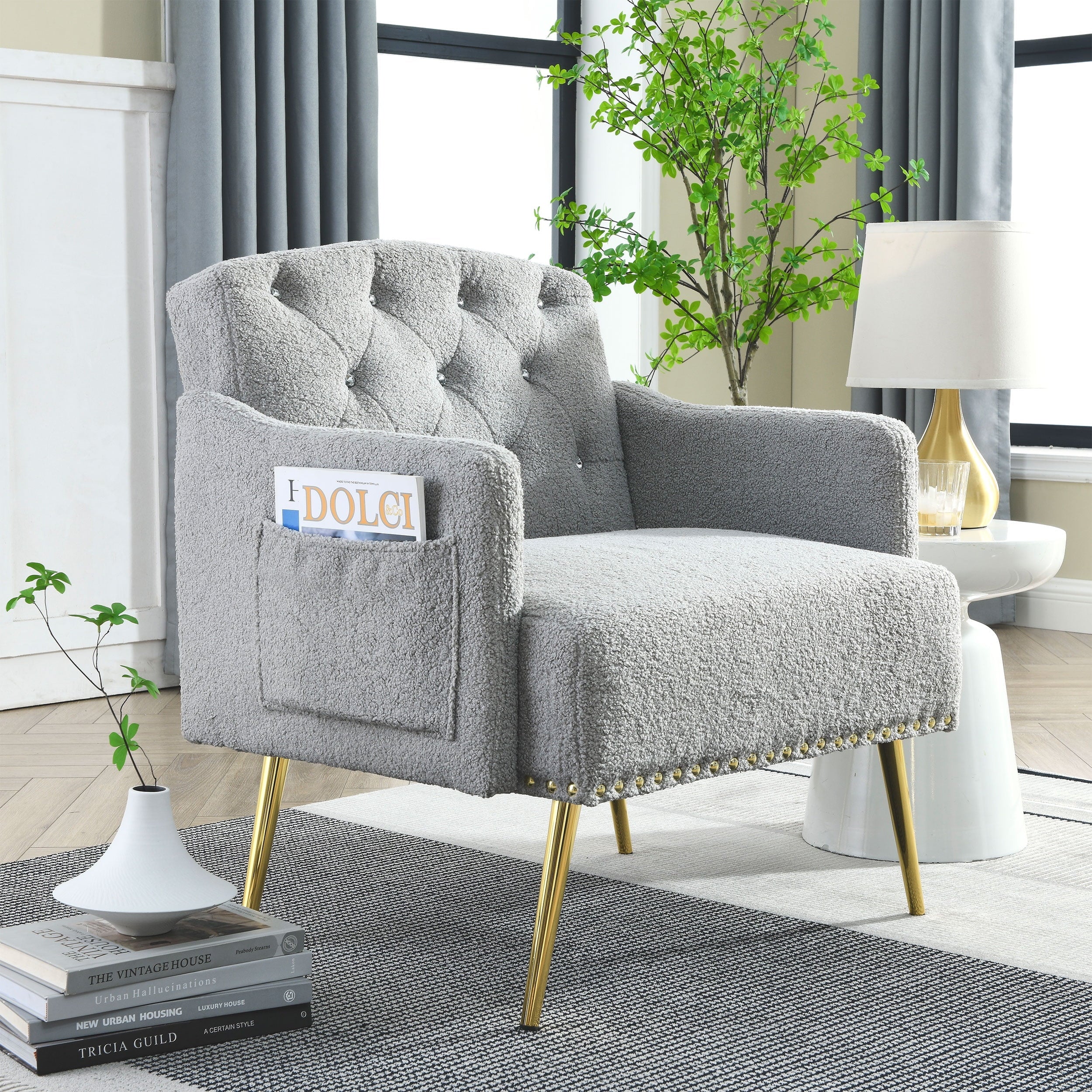 30 "W Modern Chesterfield Tufted Upholstered Chair with Deep Buttons, Living Room Chair, Comtable Armchair, Gold Hardware Legs, Tufted Chair Reading or Relaxing, GREY TEDDY