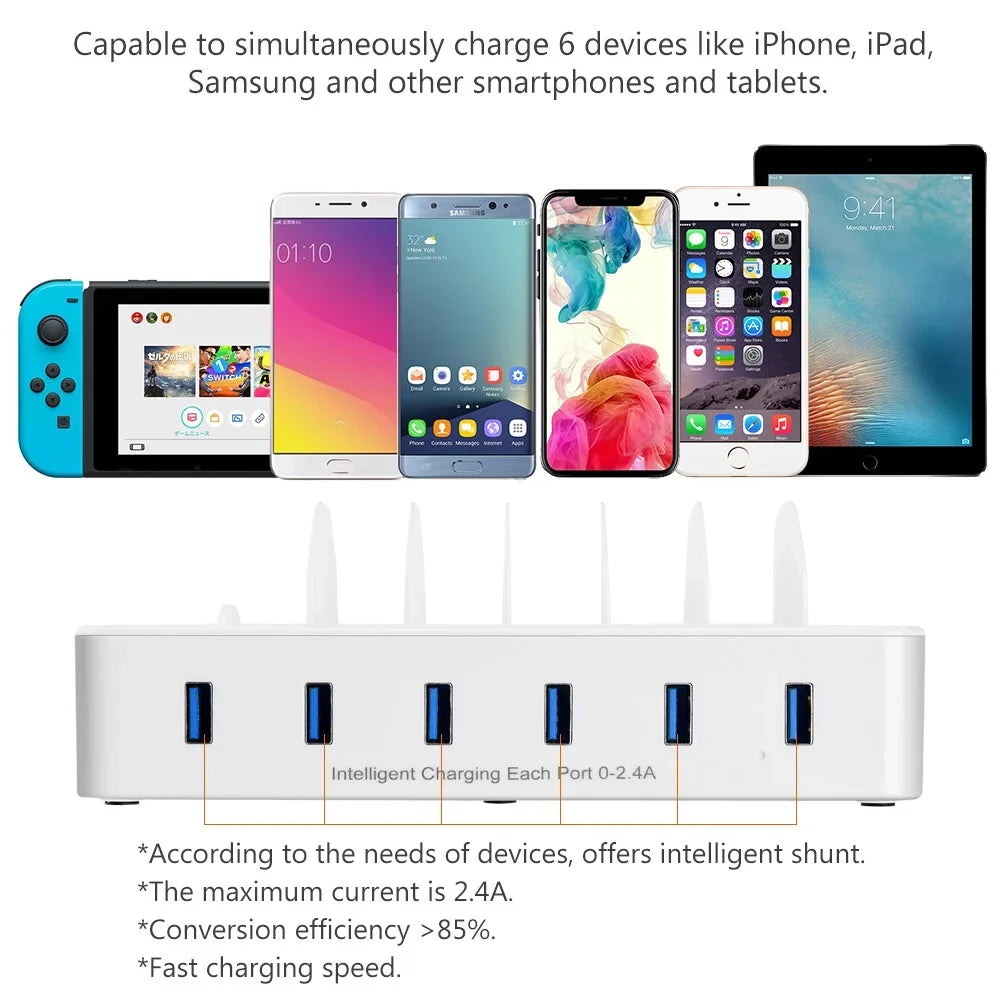 USB Charging Station Multiple Devices - Fast Charging Organizer with 6 USB Ports Dock Cell Phone Apple, Samsung, Android Phone, iPhone