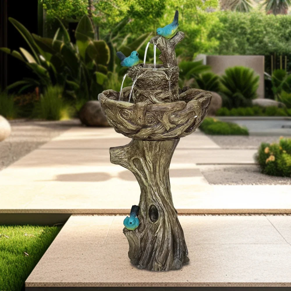 3-Tier Outdoor Water Fountain Bird Bath Patio Fountain Outdoor Stump Like Waterfall Fountain with Birds Decor Freestanding Patio Water Fountain Pump Garden Yard Patio Porch