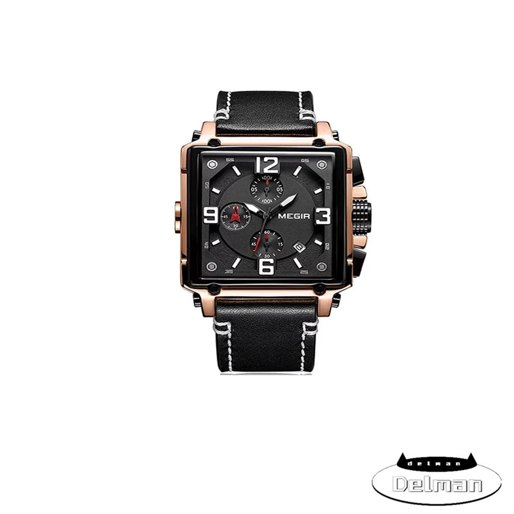 Men's Fashion Leather Strap Quartz Watches Luxury Square Dial Chronograph Wristwatch Casual Waterproof Luminous Watch Man