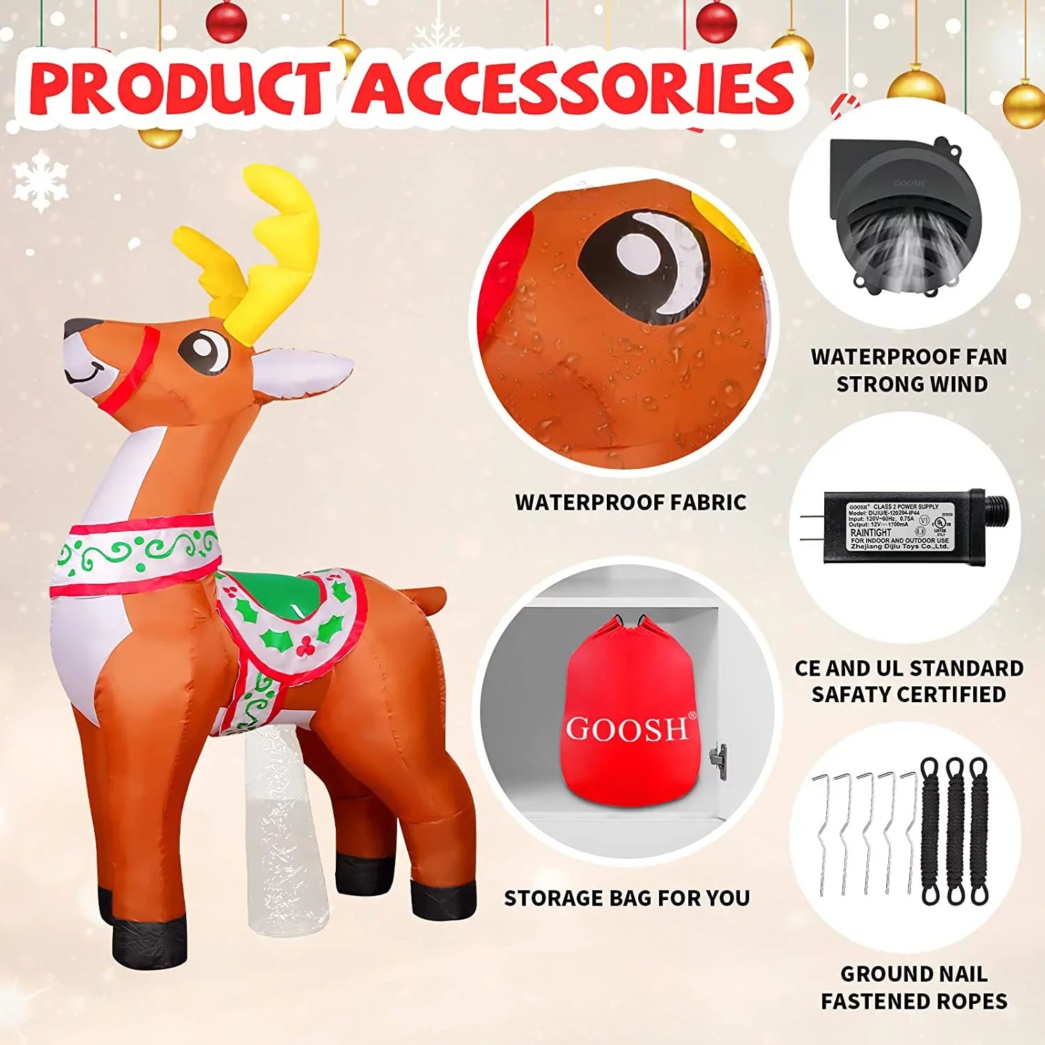 GOOSH Christmas Inflatables 5.7 FT Reindeer Christmas Inflatable, Reindeer Inflatables Outdoor Decorations Reindeer Blow Up with LED Lights, Christmas Inflatable Decorations Clearance Xmas/Holiday