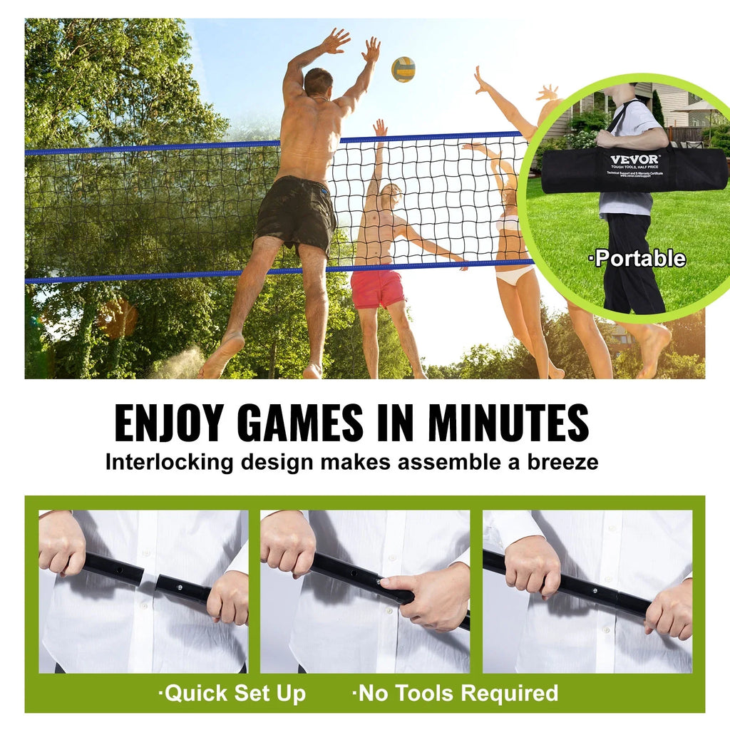 BENTISM 32ft x 3ft Portable Volleyball Net System Adjustable Height Poles with PVC Volleyball, Carrying Bag, Boundary Lines, Steel Poles & Pump Outdoor Sports