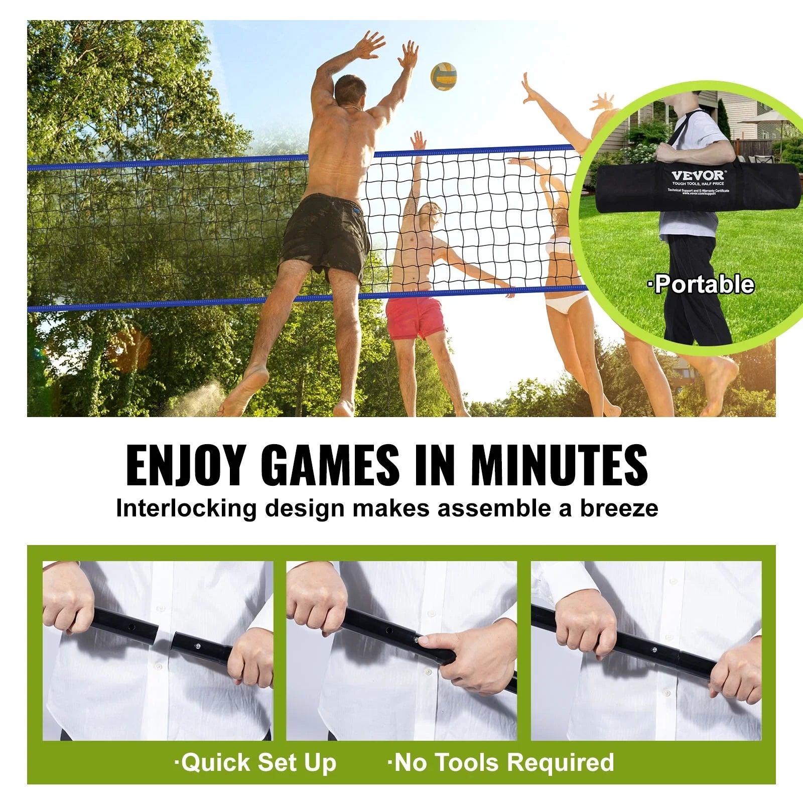 BENTISM 32ft x 3ft Portable Volleyball Net System Adjustable Height Poles with PVC Volleyball, Carrying Bag, Boundary Lines, Steel Poles & Pump Outdoor Sports
