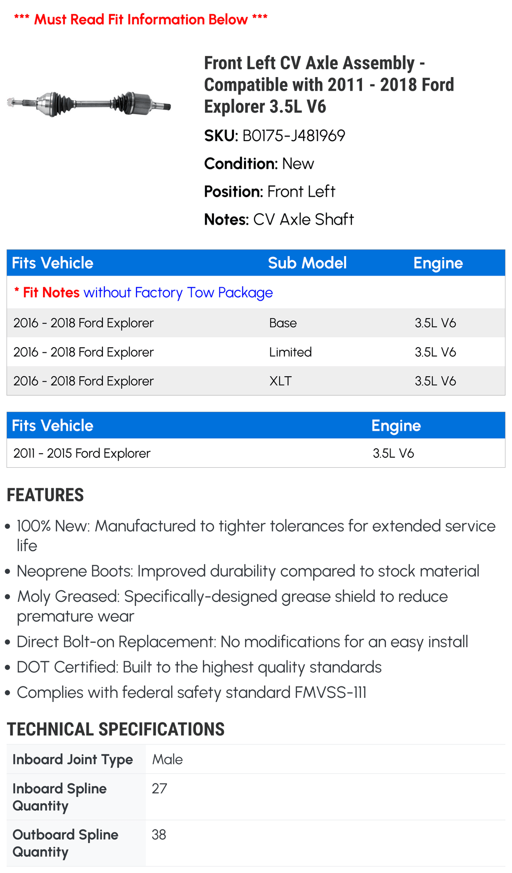 Front Left CV Axle Assembly - with 2011 - 2018 Ford Explorer 3.5L V6 2012 2013 2014 2015 2016 2017