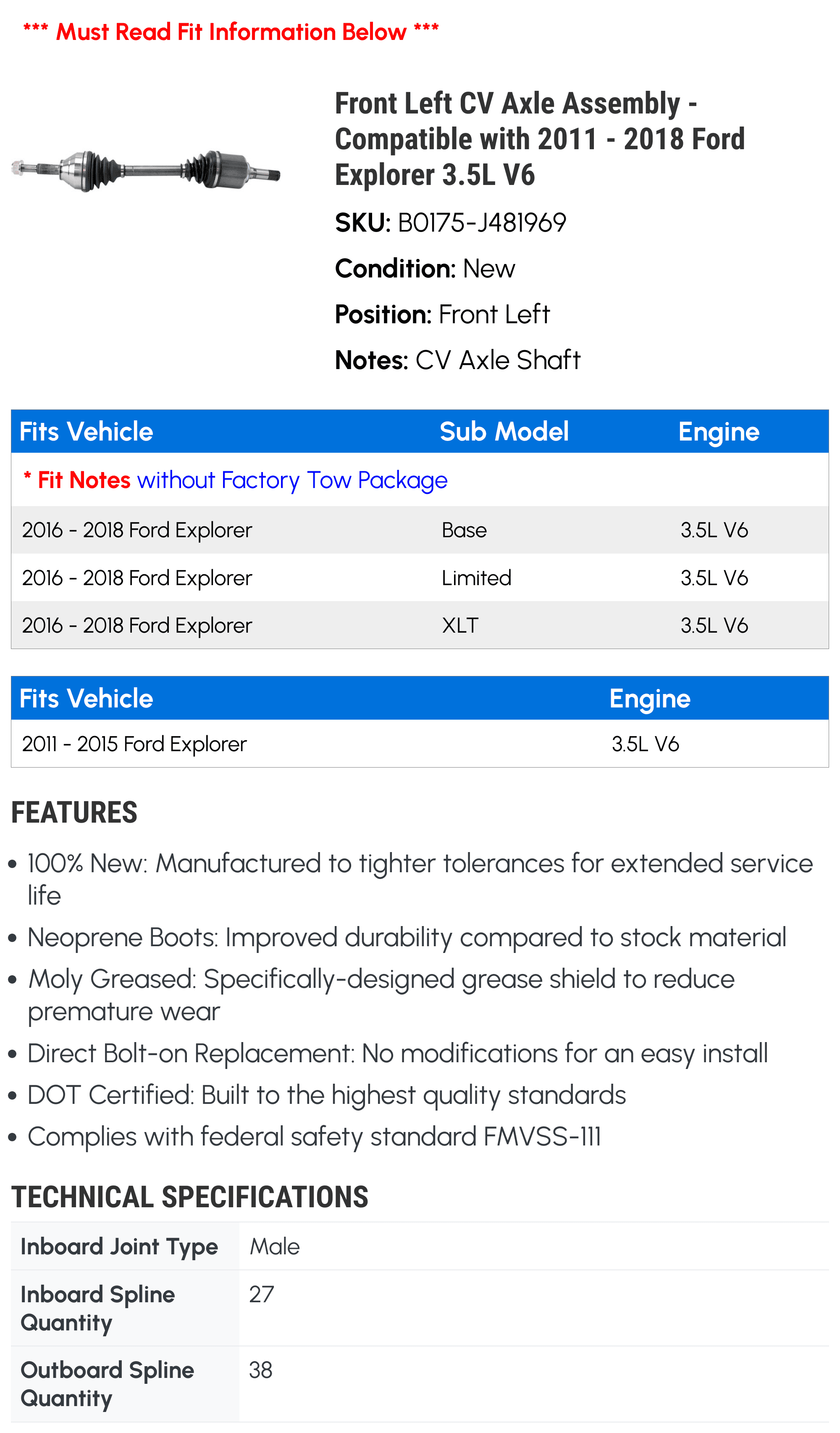 Front Left CV Axle Assembly - with 2011 - 2018 Ford Explorer 3.5L V6 2012 2013 2014 2015 2016 2017