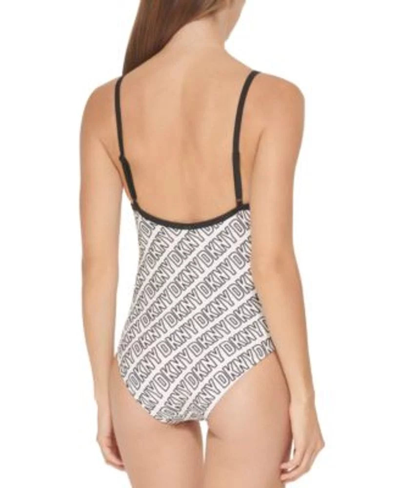 DKNY WHITE/BLACK Logo-Print One-Piece Swimsuit, US Large