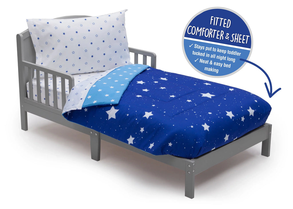 Toddler Bedding Set | Boys 4 Piece Collection | Fitted Sheet, Flat Top Sheet w/ Elastic bottom, Fitted Comter w/ Elastic bottom, Pillowcase | Delta Children | Boys Starry Night | Blue Stars