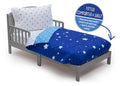 Toddler Bedding Set | Boys 4 Piece Collection | Fitted Sheet, Flat Top Sheet w/ Elastic bottom, Fitted Comter w/ Elastic bottom, Pillowcase | Delta Children | Boys Starry Night | Blue Stars