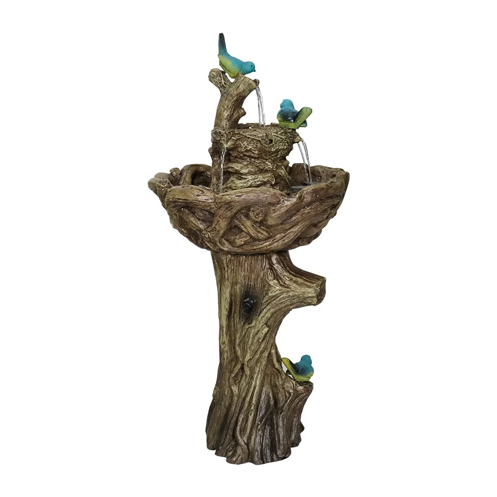 3-Tier Outdoor Water Fountain Bird Bath Patio Fountain Outdoor Stump Like Waterfall Fountain with Birds Decor Freestanding Patio Water Fountain Pump Garden Yard Patio Porch