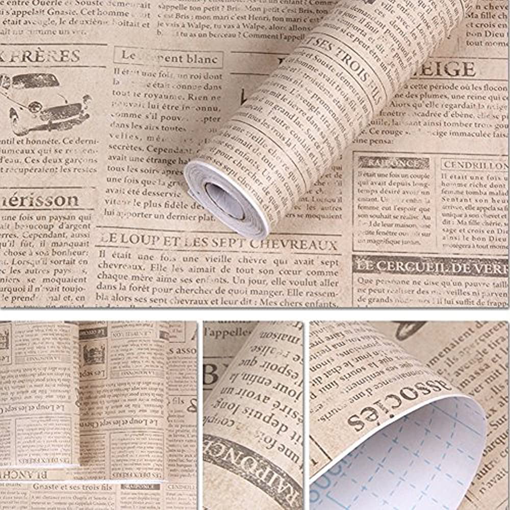 SimpleLife4U Retro Beige Newspaper Contact Paper Self-Adhesive Shelf Liner Countertop Sticker 17.7 Inch By 9.8 Feet