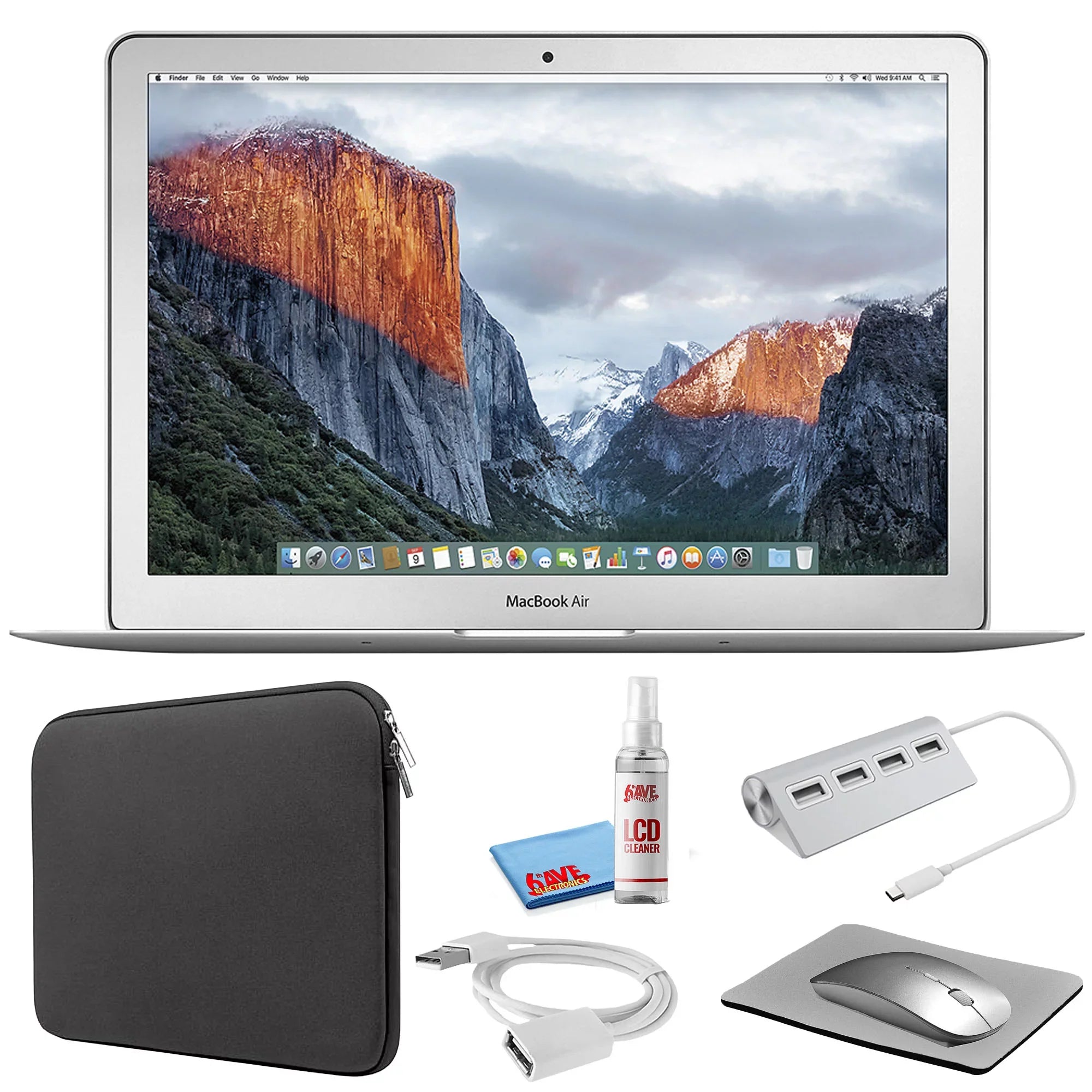 Apple MacBook Air 13-inch (i7 2.2GHz, 512GB SSD) (Early 2015, MMGF2LL/A) - Silver Bundle with Black Zipper Sleeve + Laptop Starter Kit + Cleaning Kit (Refurbished)