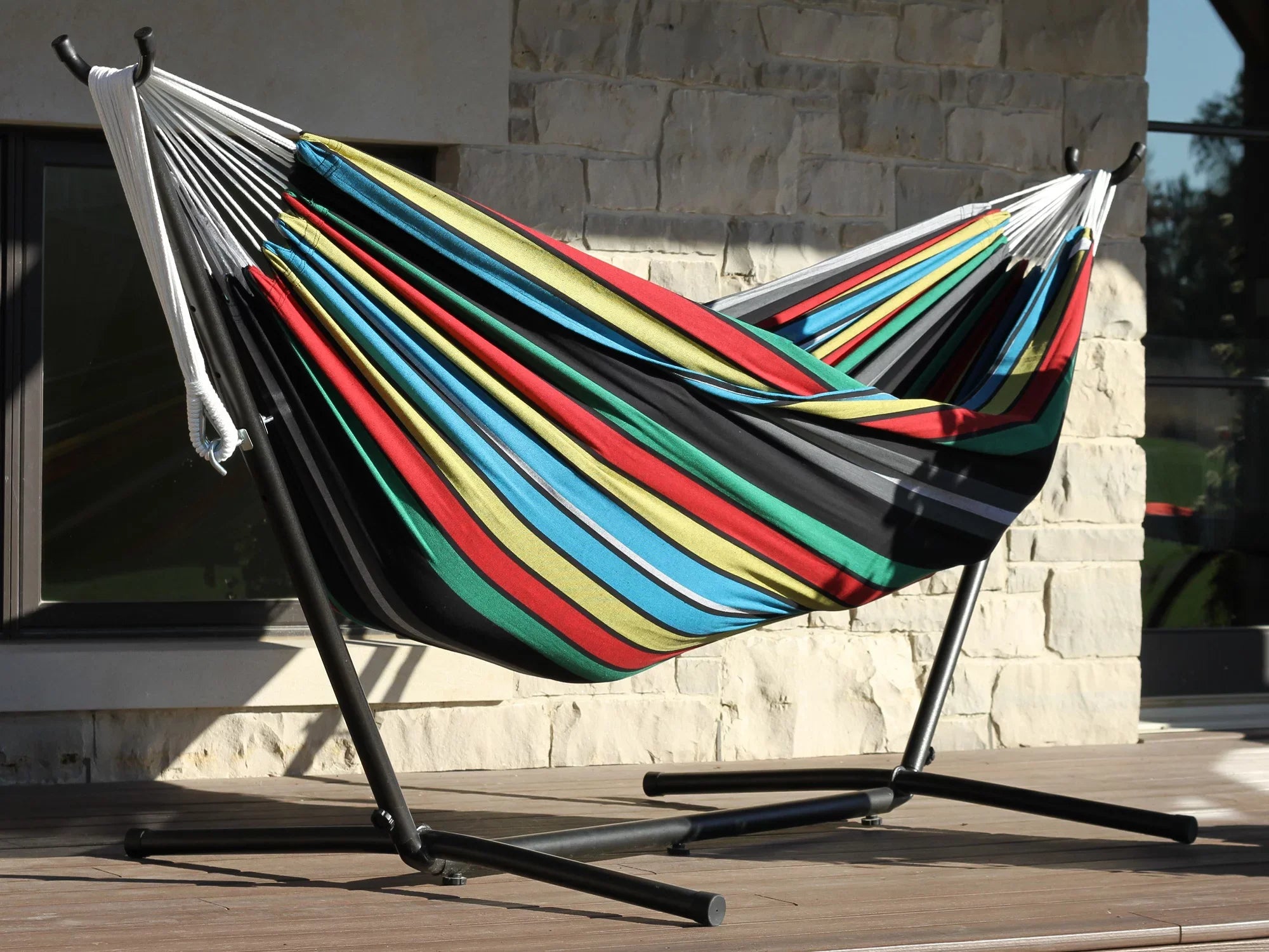 The Hamptons Collection 110” Black and Blue Striped Brazilian Style Hammock with a Steel Hammock