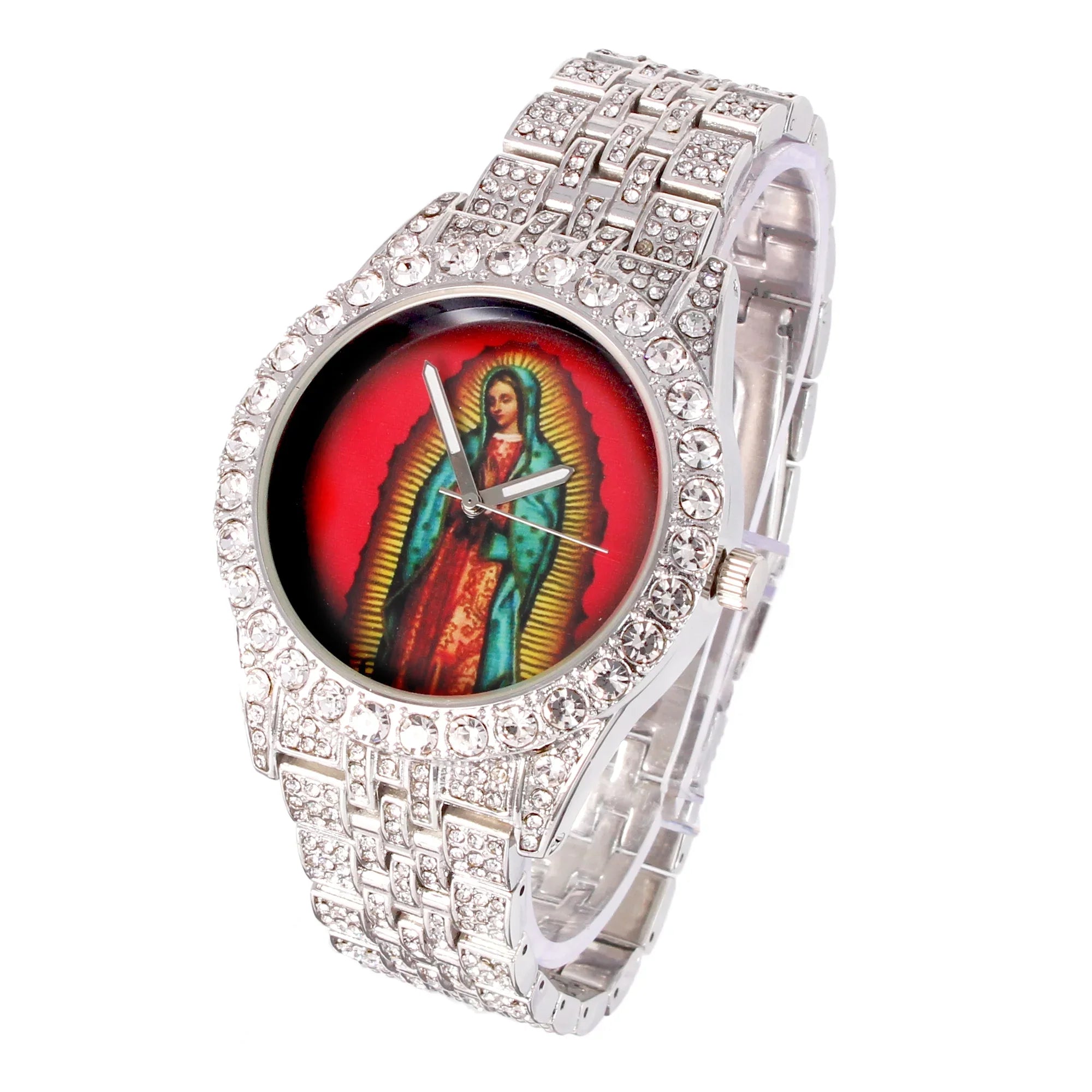 Charles Raymond The Virgin of Guadalupe Blessed Dial - Mens Hip Hop Metal Iced Out Wristwatch - Blinged Out Big Rhinestones on Trim - ST10226 BGS Single (Silver ST10361A)