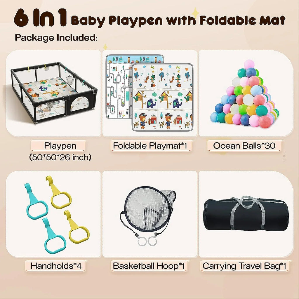 Upgraded 320D Washable Baby Playpen with Padding Mat, 6in1 Large Playpen Toddlers, Sturdy & Safe Playpen with Padded Cotton Top Rod Protecting Babies, Baby Play Yard with Zipper Gate