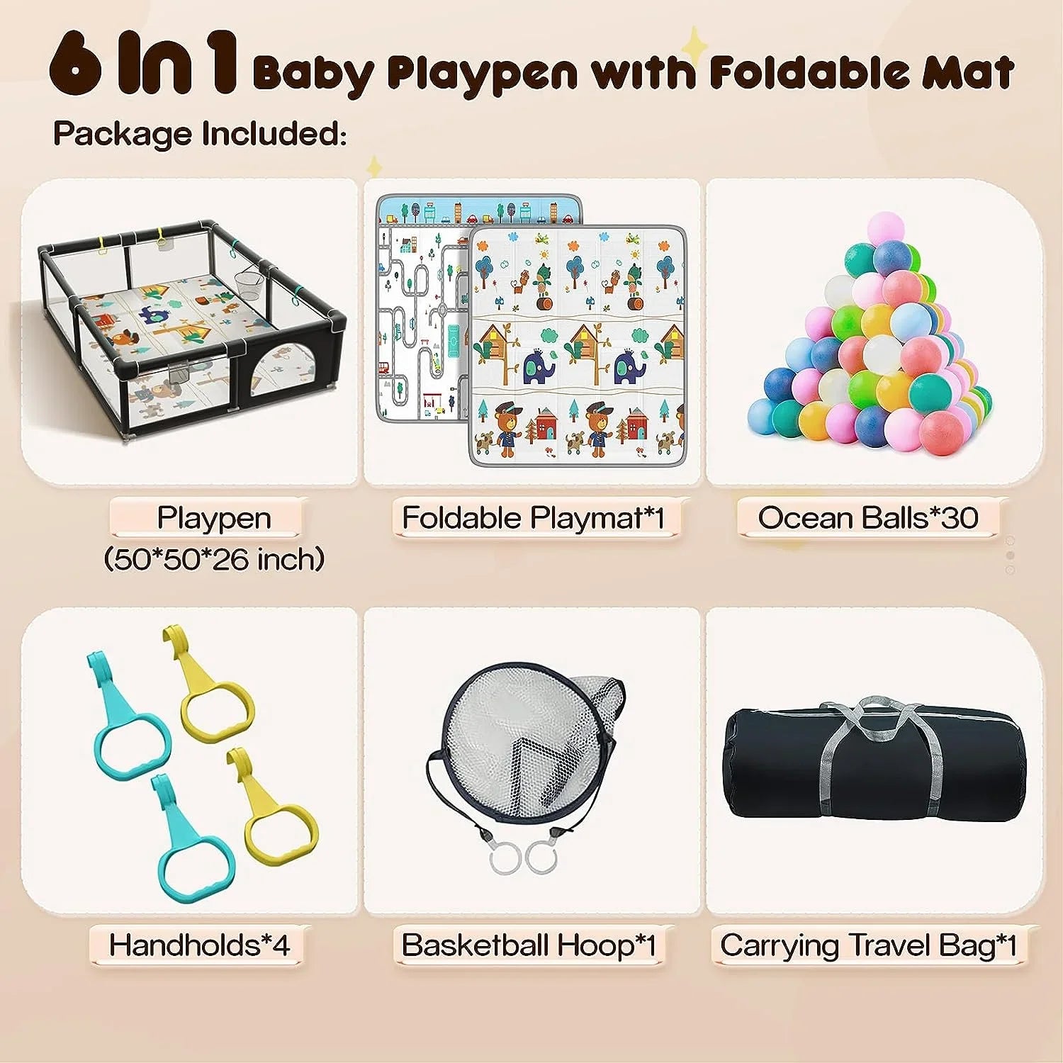 Upgraded 320D Washable Baby Playpen with Padding Mat, 6in1 Large Playpen Toddlers, Sturdy & Safe Playpen with Padded Cotton Top Rod Protecting Babies, Baby Play Yard with Zipper Gate