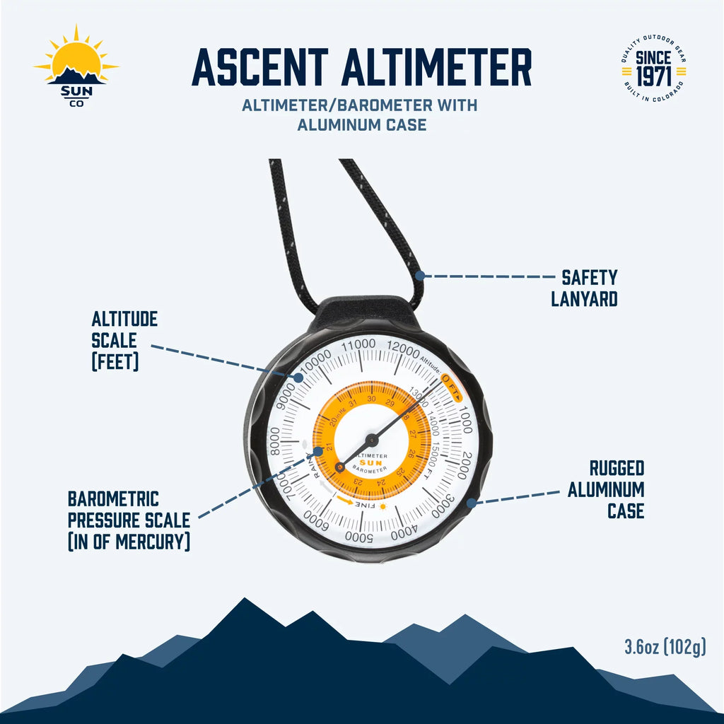 Sun Company Ascent Altimeter - Battery-Free Altimeter and Barometer | -Trend Indicator with Rugged Aluminum Case and Reflective Lanyard | Reads Altitude from 0 to 15,000 Feet