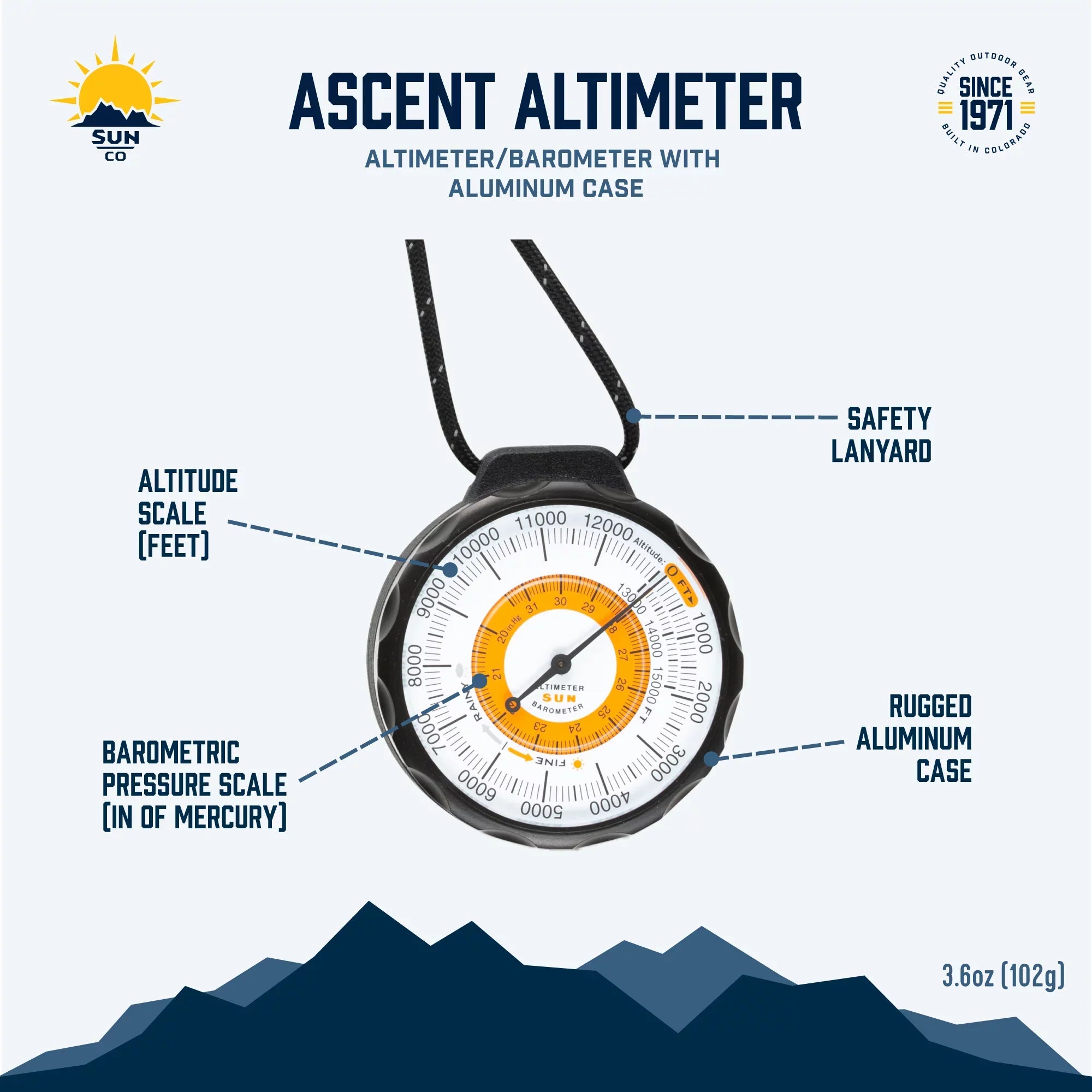 Sun Company Ascent Altimeter - Battery-Free Altimeter and Barometer | -Trend Indicator with Rugged Aluminum Case and Reflective Lanyard | Reads Altitude from 0 to 15,000 Feet