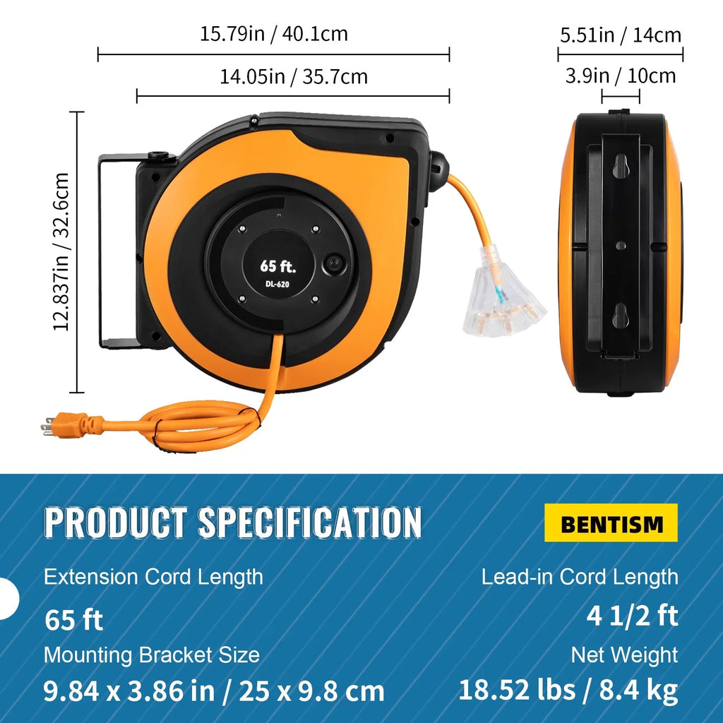 BENTISM Retractable Extension Cord Reel Power Cord Reel 65FT 12AWG/3C SJTOW UL