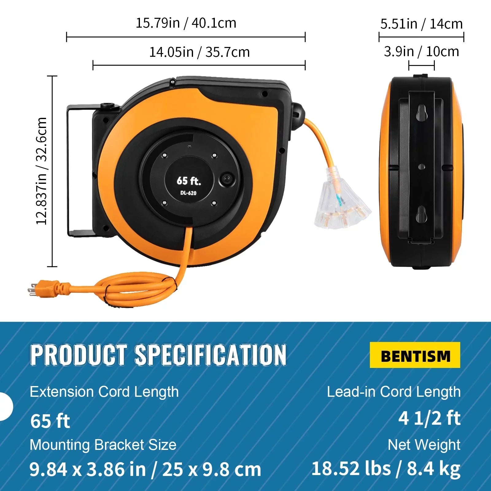 BENTISM Retractable Extension Cord Reel Power Cord Reel 65FT 12AWG/3C SJTOW UL