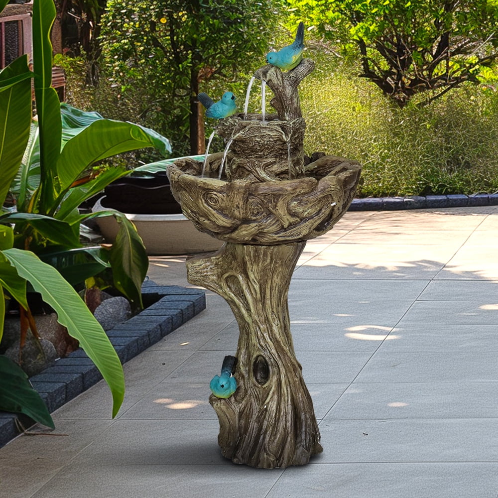 3-Tier Outdoor Water Fountain Bird Bath Patio Fountain Outdoor Stump Like Waterfall Fountain with Birds Decor Freestanding Patio Water Fountain Pump Garden Yard Patio Porch