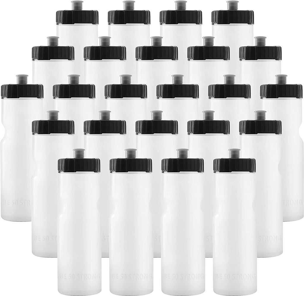 50 Strong 22 oz Clear and Black Squeezable Plastic Water Bottles with Wide Mouth and Pull Top Lid (24 Pieces)