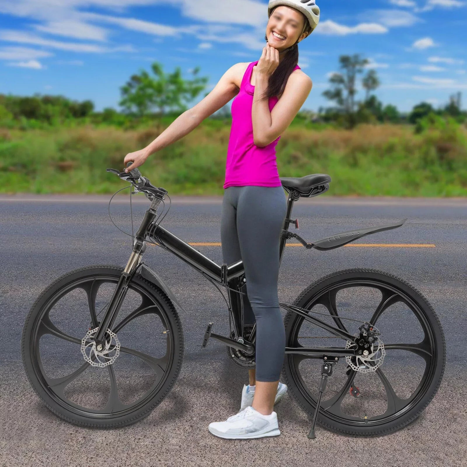 Miumaeov 26" Black Adult Folding Bike 21-Speed Shifter Folding City Bike Light Weight Carbon Steel Camping Bicycle Max Loading 150kg/330lbs