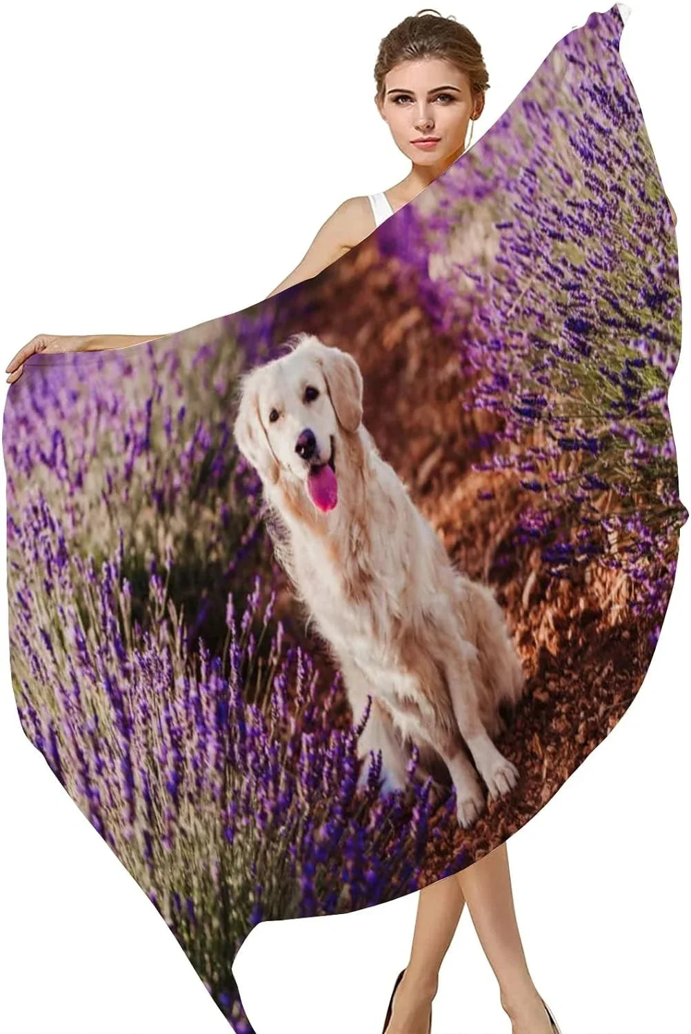 Hyjoy Adorable Golden Retriever Dog in Lavender Field Long Silk Neck Scarf Lightweight Shawl Wrap Scarves Women Girls