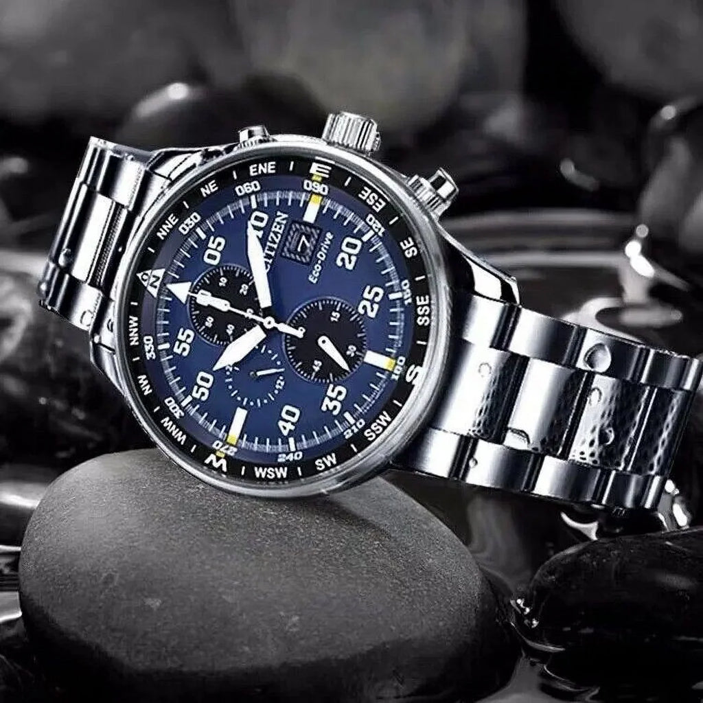 NEW Men's Classic Business Aviator Chronograph Black Dial Eco-Drive Watch