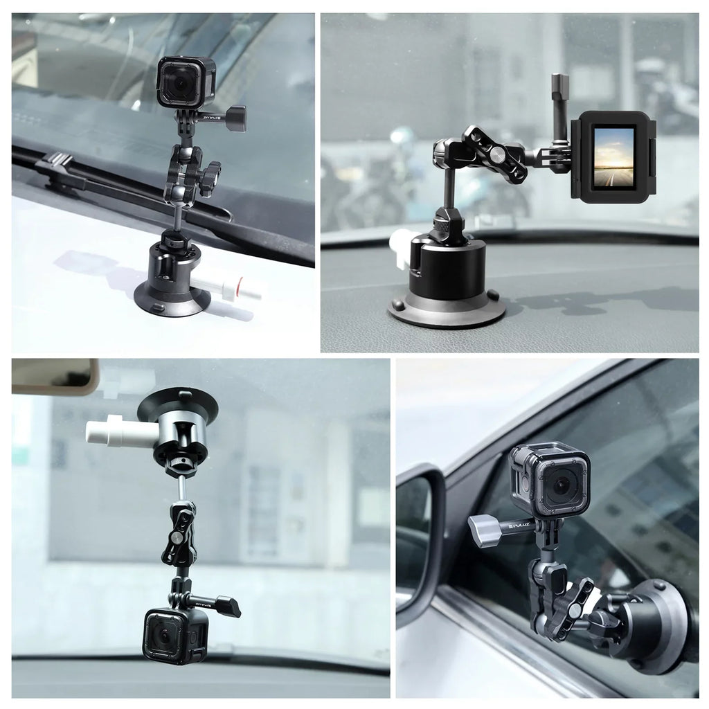 PULUZ PU845B Suction Cup Mount Action Camera Suction Camera Mount Bracket Dual 360° Rotatable Ballheads Replacement GoPro Hero 11/10/9/8, Osmo Action 3/2