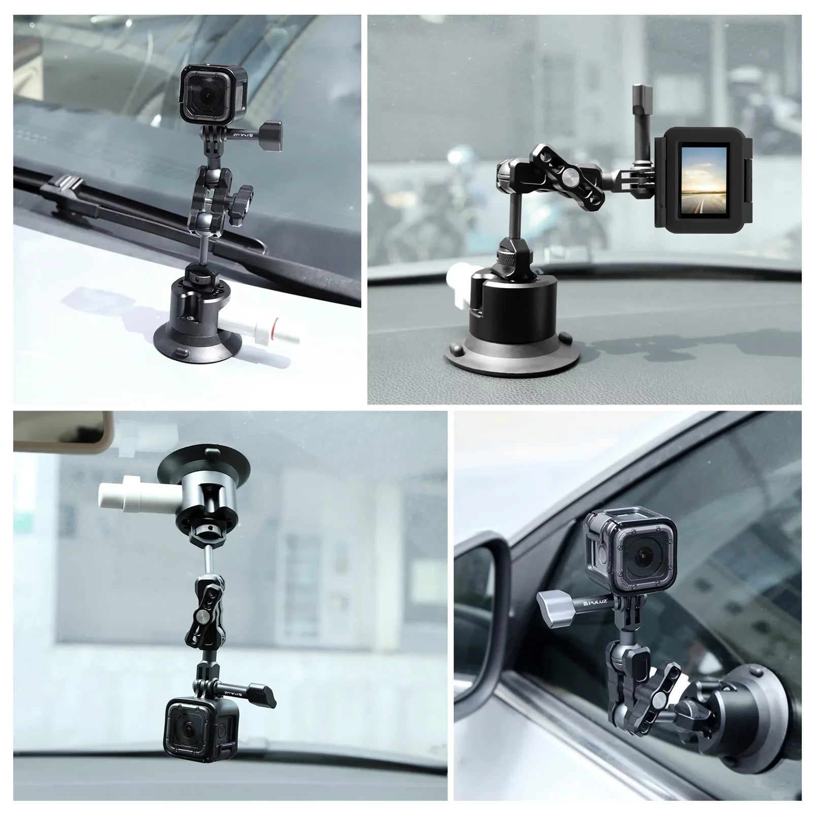 PULUZ PU845B Suction Cup Mount Action Camera Suction Camera Mount Bracket Dual 360° Rotatable Ballheads Replacement GoPro Hero 11/10/9/8, Osmo Action 3/2