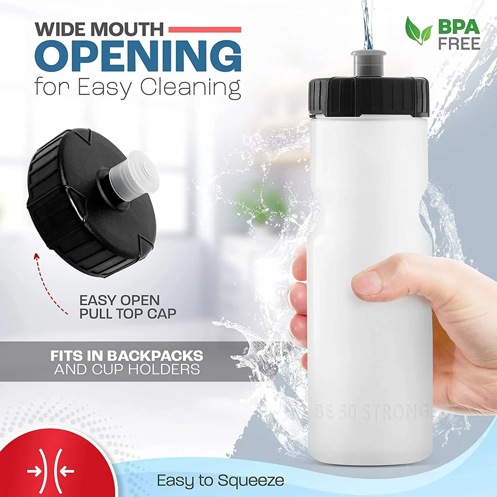 50 Strong 22 oz Clear and Black Squeezable Plastic Water Bottles with Wide Mouth and Pull Top Lid (24 Pieces)