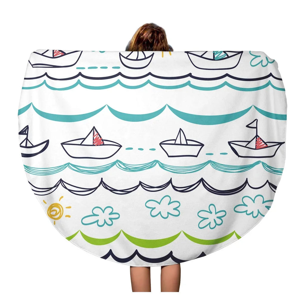 LADDKA 60 inch Round Beach Towel Blanket Blue Pattern White Watercraft Children Baby Abstract Cartoon Child Travel Circle Circular Towels Mat Tapestry Beach Throw
