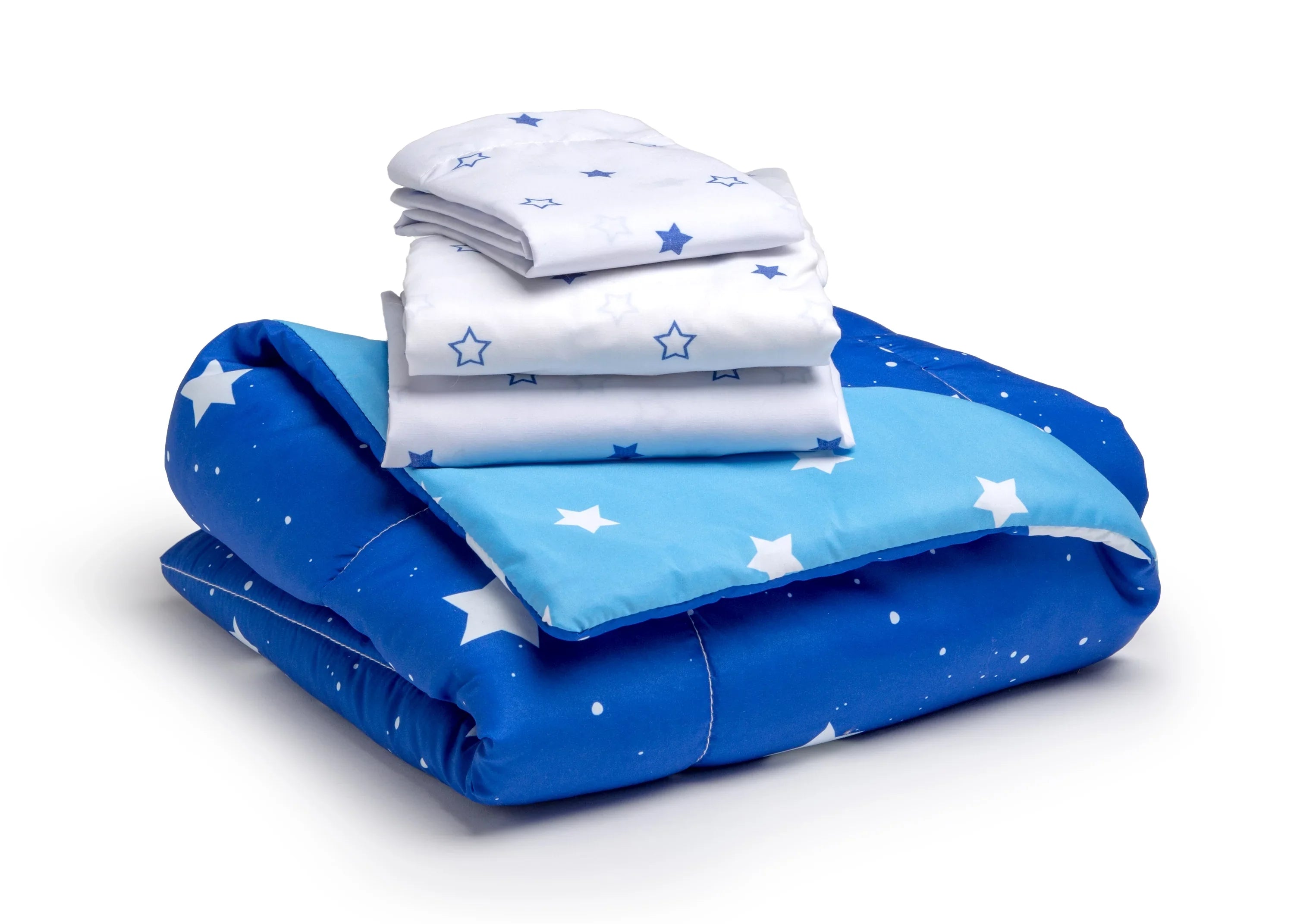 Toddler Bedding Set | Boys 4 Piece Collection | Fitted Sheet, Flat Top Sheet w/ Elastic bottom, Fitted Comter w/ Elastic bottom, Pillowcase | Delta Children | Boys Starry Night | Blue Stars