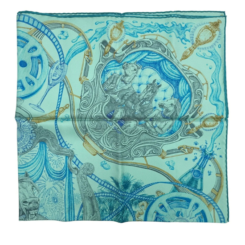 Pre-Owned Hermes HERMES Kare90 The Horsewards Horse Award Silk Green Blue Gray Scarf Large Ladies (Like New)