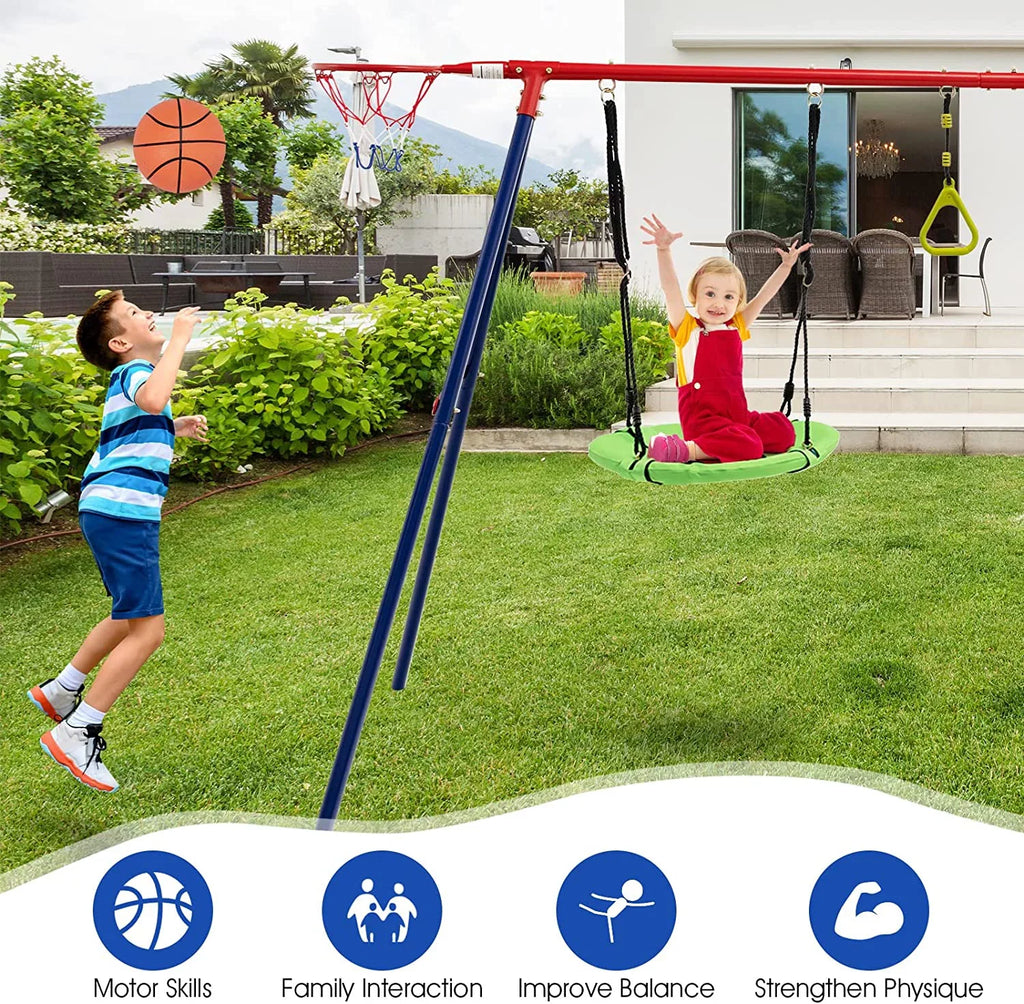 OLAKIDS Swing Sets Backyard, 7 in 1 Outdoor A-Frame Heavy Duty Metal Swing Stand with Monkey Bar Kids, 660LBS Playground Playset with Slide, 2 Swings, Glider, Trapeze Rings, Basketball Hoop