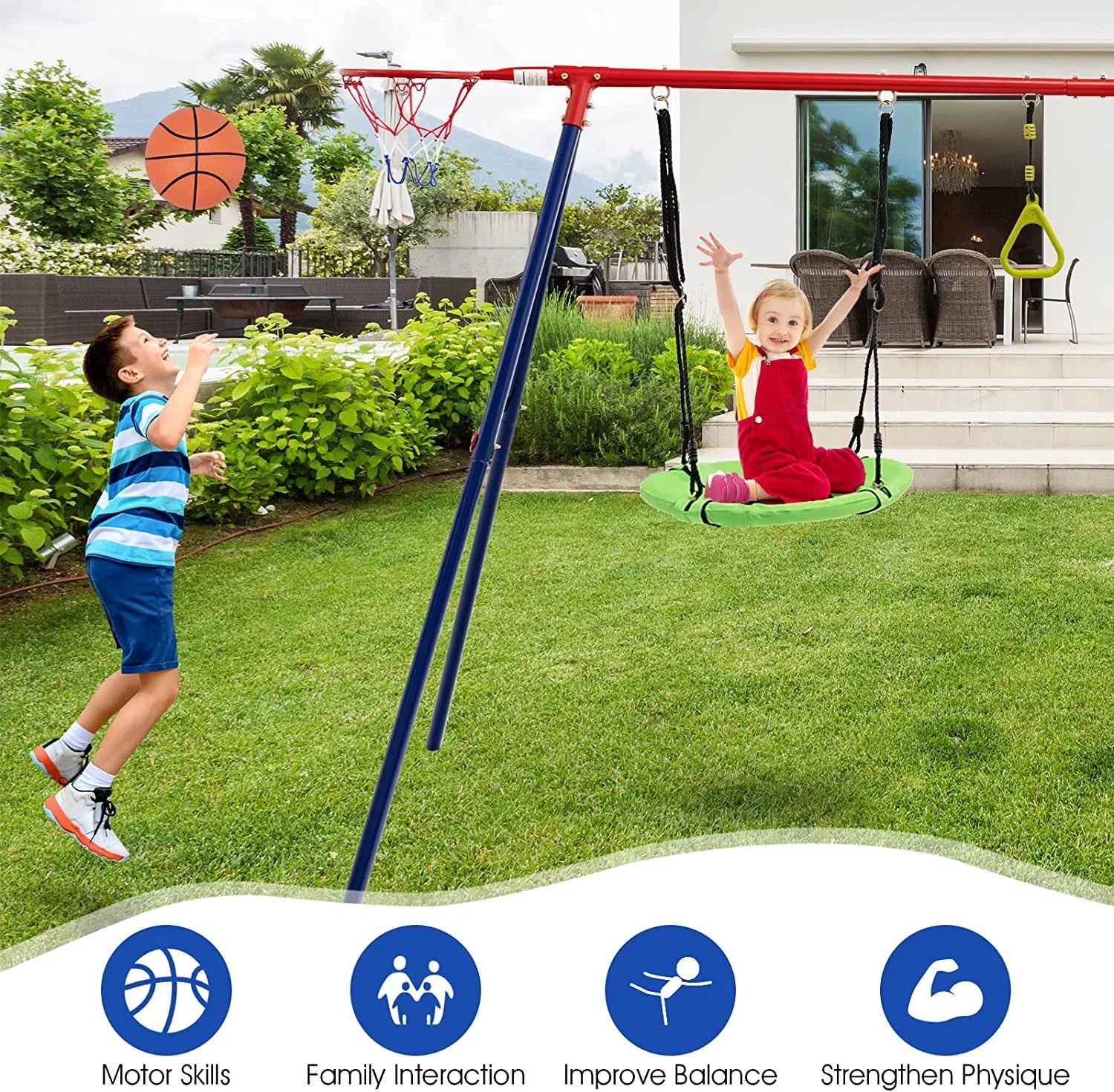 OLAKIDS Swing Sets Backyard, 7 in 1 Outdoor A-Frame Heavy Duty Metal Swing Stand with Monkey Bar Kids, 660LBS Playground Playset with Slide, 2 Swings, Glider, Trapeze Rings, Basketball Hoop