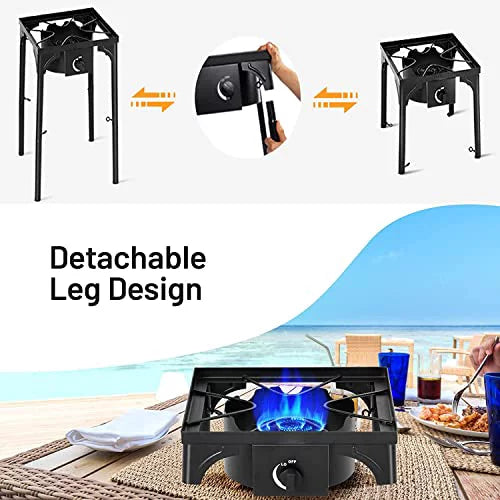 Moccha 100, 000 BTU Single Burner Outdoor Stove Propane Gas Cooker w/Detachable Legs, Portable Cast Iron Patio Cooking Burner Perfect Camping, Patio, or RV
