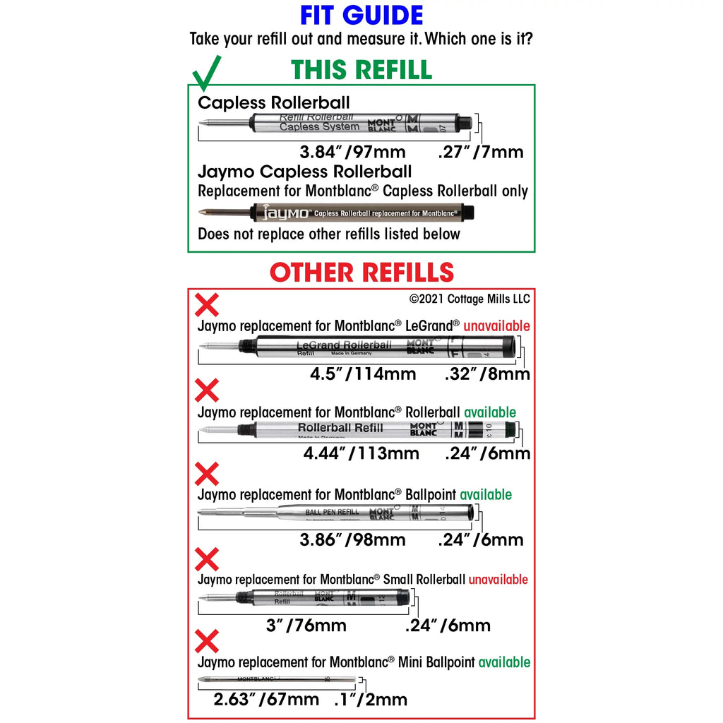 Jaymo Replacement Montblanc 113778 - Measures 3.84 in / 97 mm Long - Capless Rollerball Pen Refill - 12 Blue