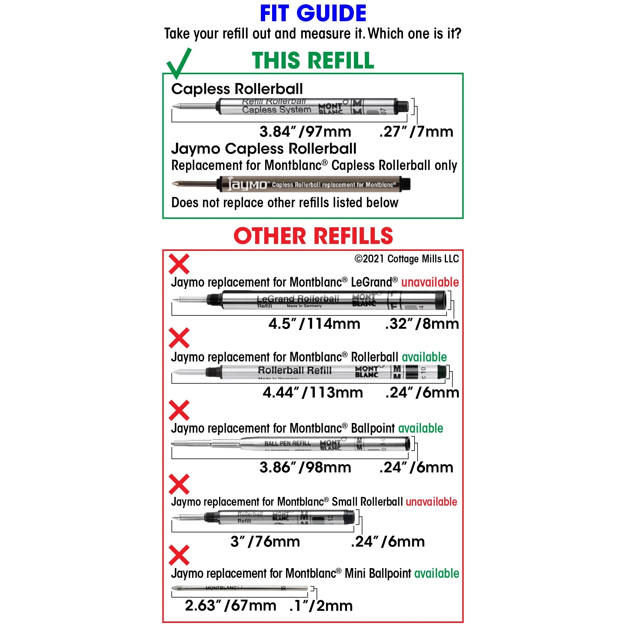 Jaymo Replacement Montblanc 113778 - Measures 3.84 in / 97 mm Long - Capless Rollerball Pen Refill - 12 Blue