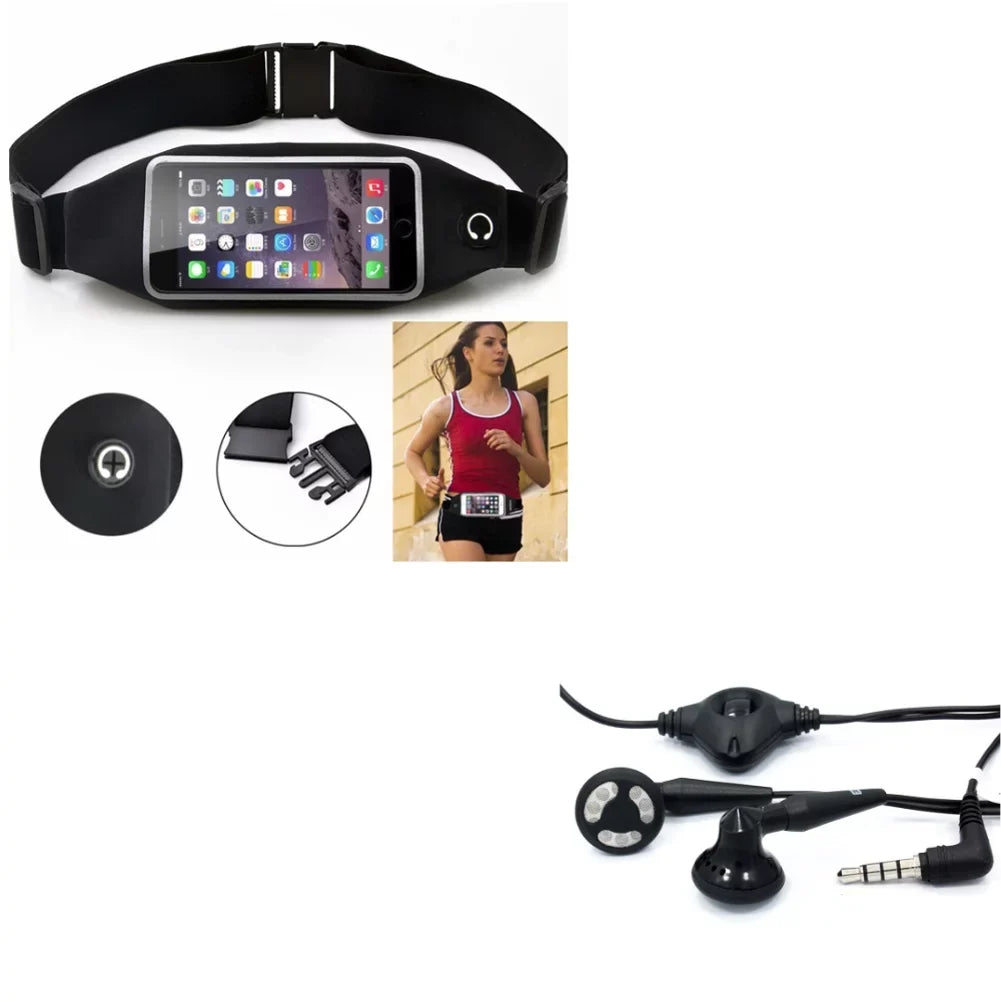 Black Sport Workout Belt Waist Bag Case w Headset OEM 3.5mm Handsfree Earphones A6Z ASUS ZenFone Max Plus M1, ROG Phone, AR 5z 4 Pro 3 Max 2E 2 - Blackberry Z30, Priv, DTek50, Leap, Motion
