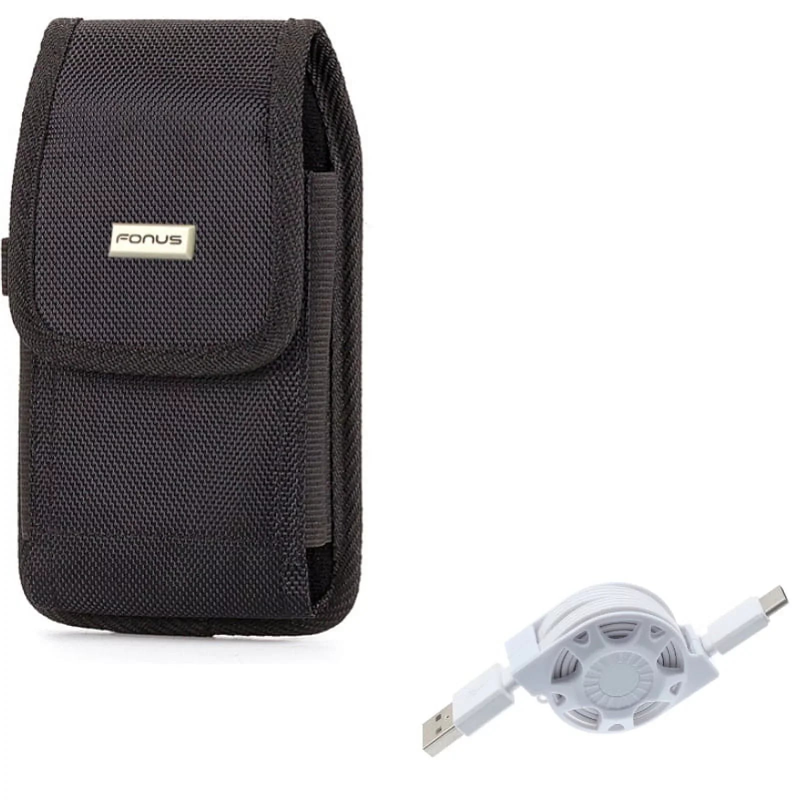 Rugged Case Belt Holster w Retractable White Type-C USB Cable Charge Sync Power Wire D1A Blackberry Motion - BLU G9, Vivo XI Plus - Coolpad Legacy - Google Pixel XL 3a XL 3 XL 2 XL
