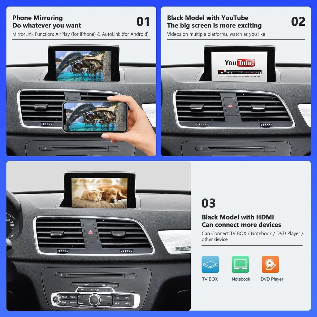 Road Top Wireless Carplay Android Auto Module Audi Q3 2014-2018 Year with MMI 3G, (HN+ Car Software Version), Carplay Retrofit Kit Decoder, Support Mirrorlink, Camera
